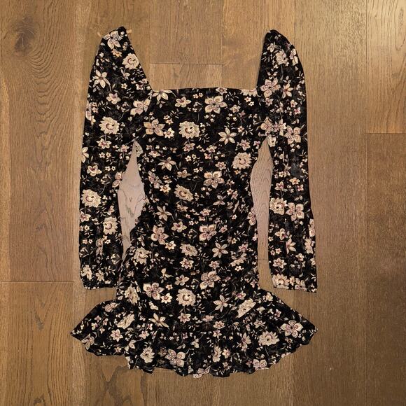 Dress Forum Ruched Black and Gold Floral Bodycon Mini Foliage Midnight Size M - Picture 3 of 7